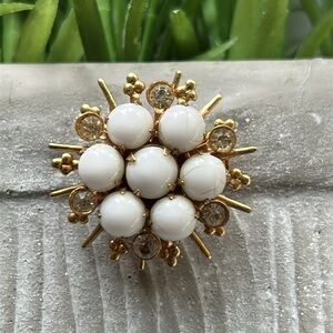 scatter pin snowflake shape with rhinestones & milky white stones goldtone
